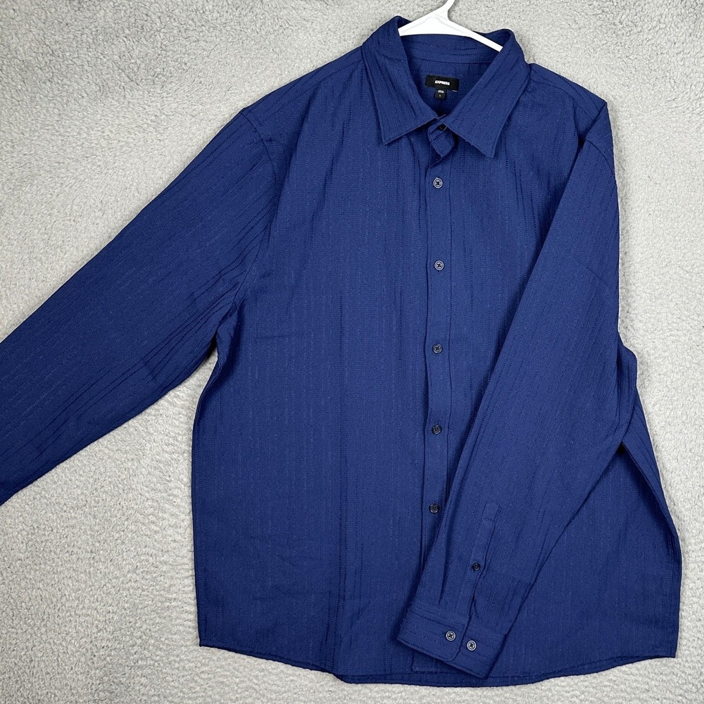NEW Express Shirt Mens Large Textured Stripe Navy Blue Button Down Long Sleeve